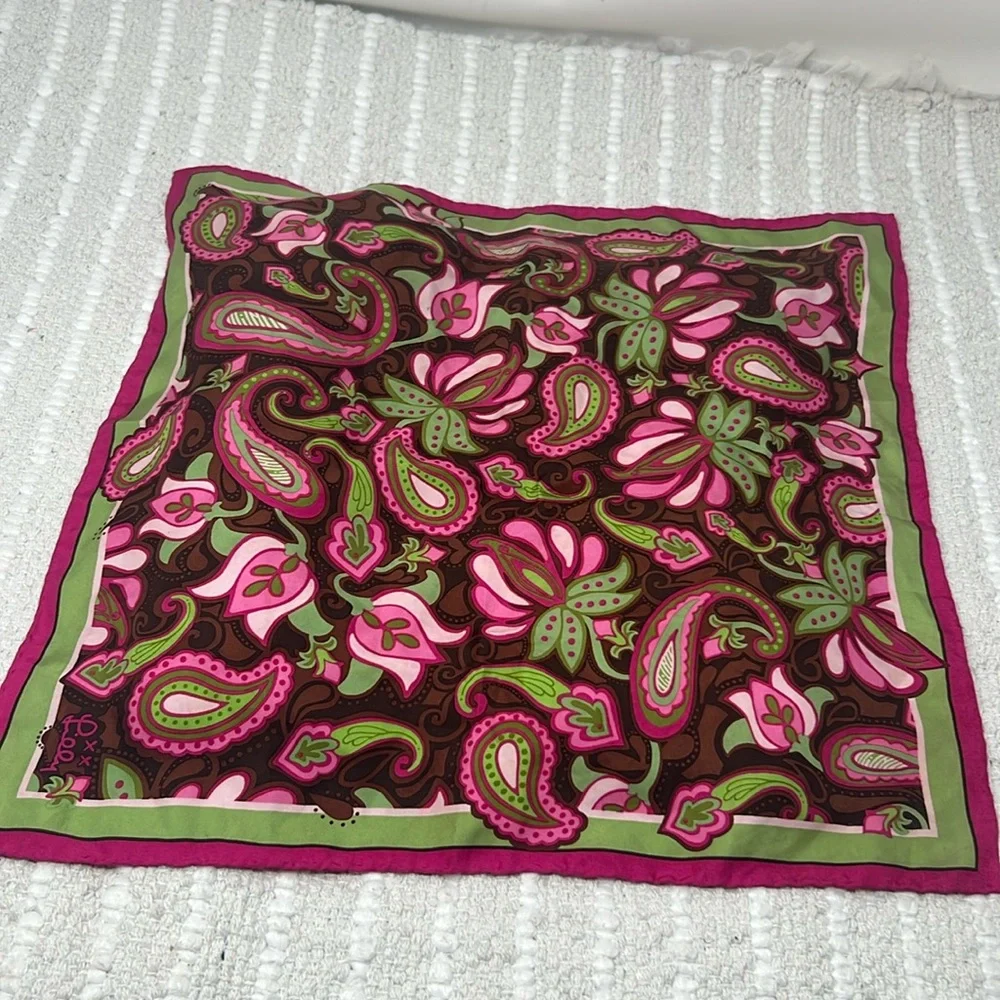 Vintage 100% Silk Mod Paisley Floral Scarf Pink Green Brown 18” Square